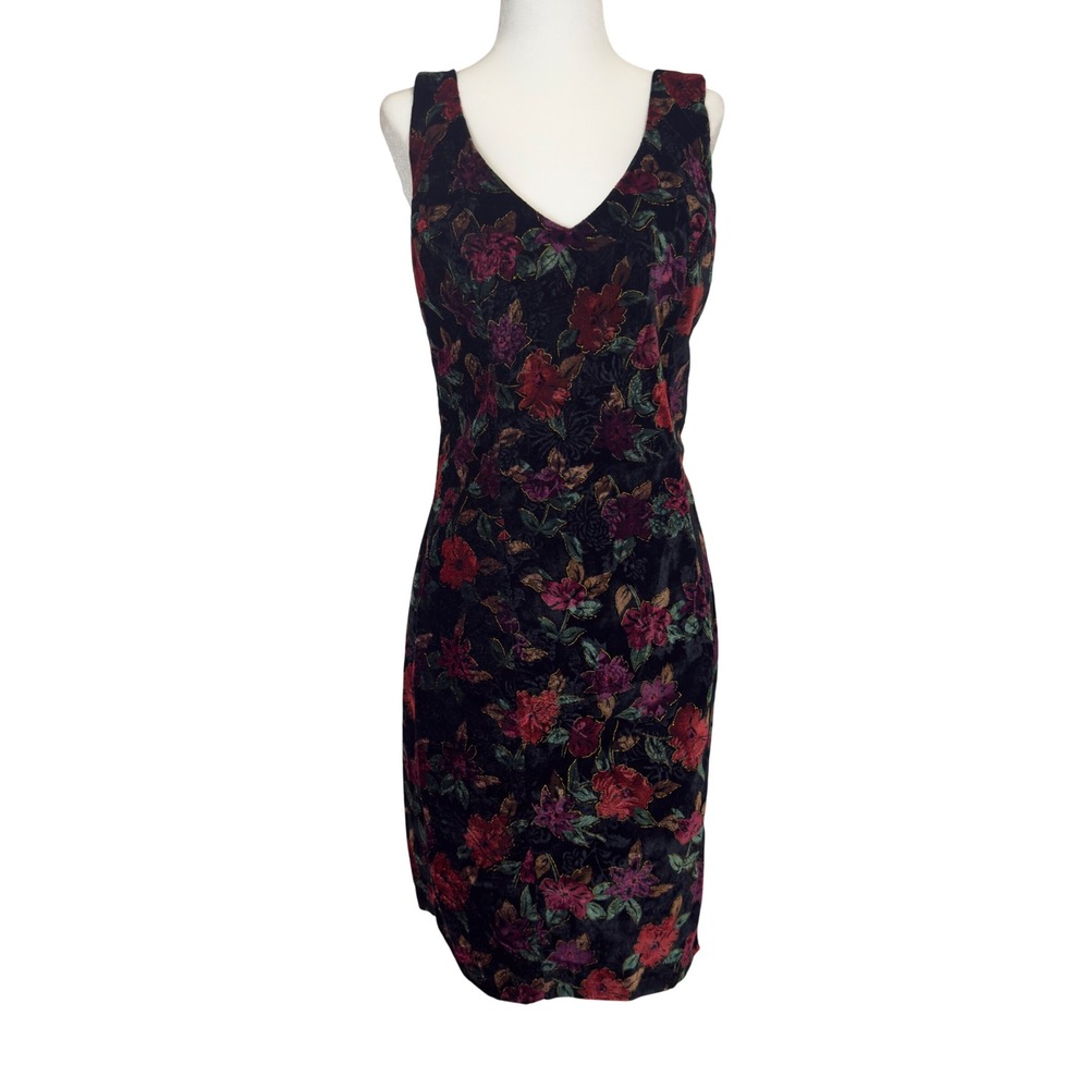 Vintage Ariana Velvet Floral Dress USA Made‎ Sleeveless Bow Back Party Dress